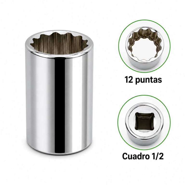 Chrome socket wrench with 12-point and 1/2 square drive specifications shown in detail