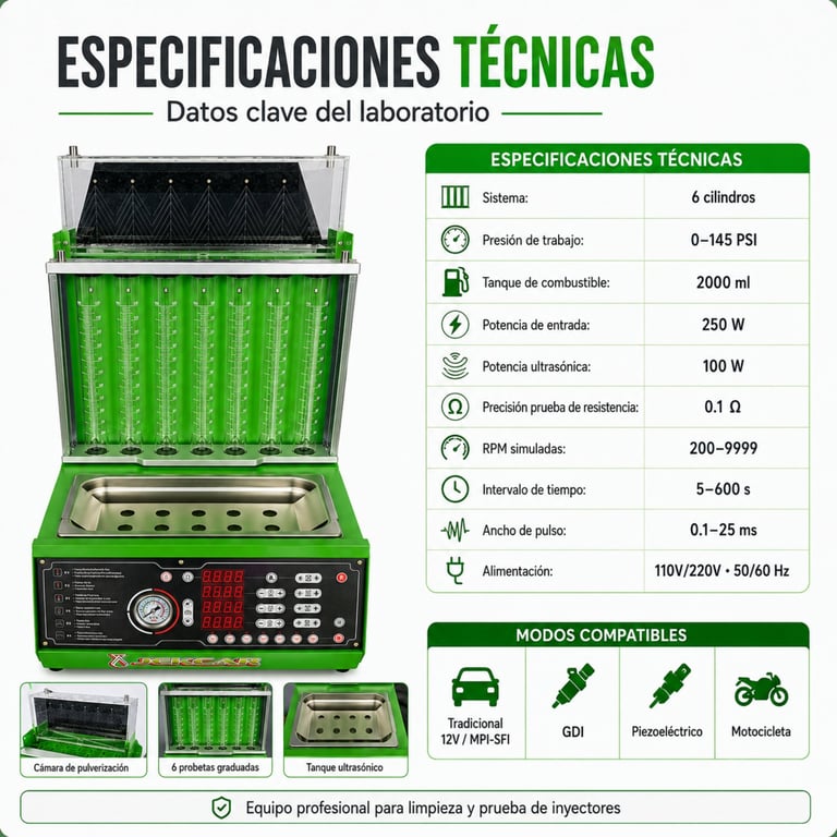 Professional fuel injector cleaning and testing equipment with technical specifications showing 6-cylinder system, 0-145 PSI pressure, 2000 ml tank, and compatible modes