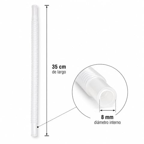Clear plastic tube 35 cm long with 8 mm inner diameter, shown with measurement diagram and close-up detail view