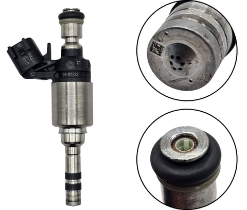 Fuel injector with metal body and black connector, shown with closeup views of the tip and nozzle details