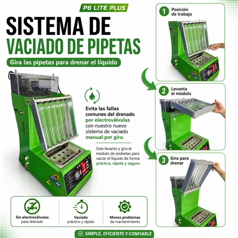 P6 Lite Plus green fuel injector cleaning machine showing three-step operation: work position, module removal, and drain rotation with benefits listed below.