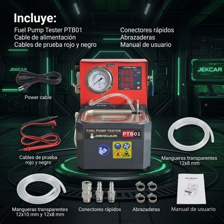 Fuel Pump Tester PTB01 kit by JEKCAR with all included accessories: power cable, test cables, connectors, transparent tubes, and user manual arranged on dark background.