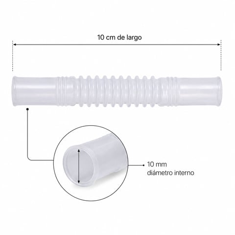 Clear flexible tubing specifications diagram showing 10 cm length and 10 mm internal diameter with cross-section detail.