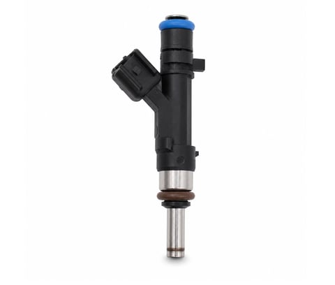 Fuel injector with black body, blue cap, and metal needle tip isolated on white background