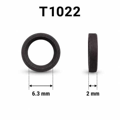 T1022 rubber ring shown front and side view with dimensions: 6.3mm outer diameter and 2mm thickness