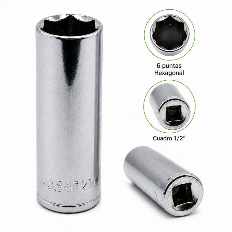 Chrome socket set with 6-point hexagonal and 1/2-inch square drive sockets, shown from multiple angles