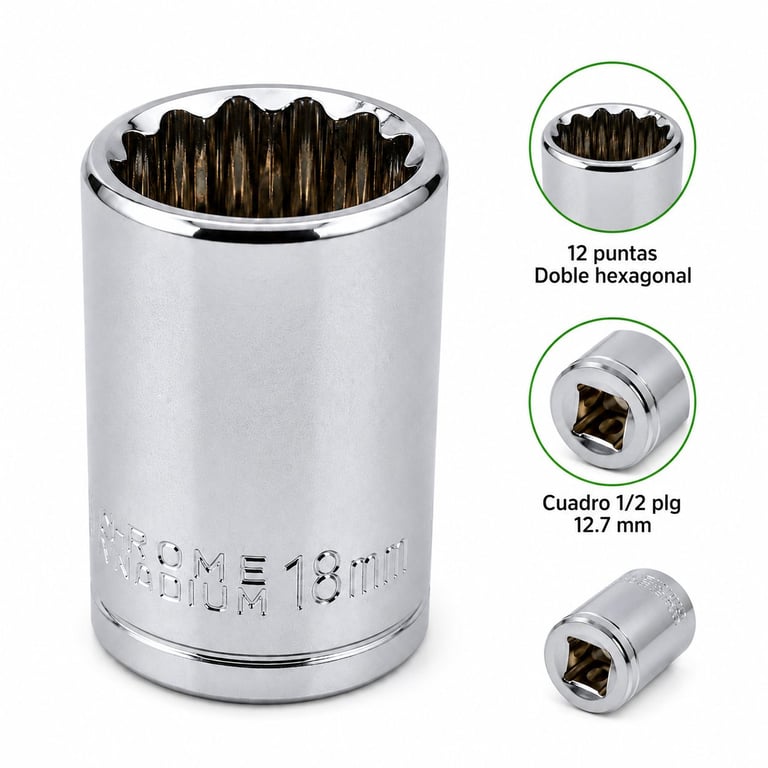 Chrome socket wrench with 12-point double hexagonal head, 1/2 inch drive, 12.7mm size, showing detail views of the drive end and external markings