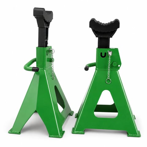 Pair of green metal automotive jack stands with black saddle tops and adjustment mechanisms