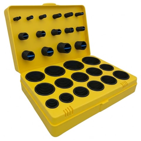 Yellow plastic case containing a set of black o-rings and seals organized in compartments