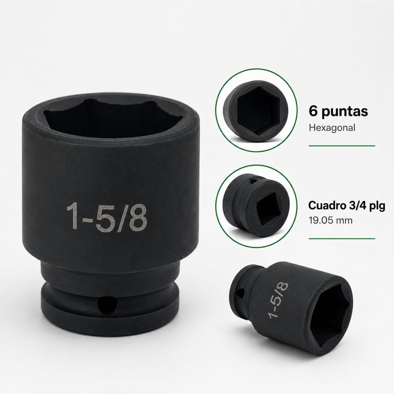 Black 1-5/8 impact socket showing hexagonal 6-point and 3/4 inch drive specifications with diagrams