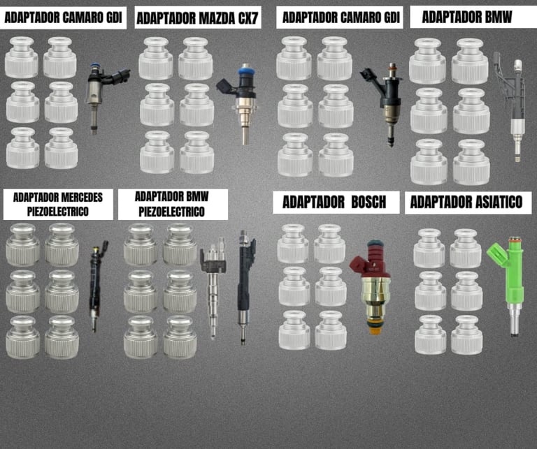 Grid of fuel injector adapters for various car brands including Camaro, Mazda, BMW, Mercedes, Bosch, and Asiático models.