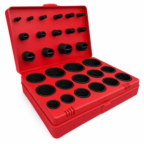 Red plastic case with assorted black rubber O-ring seals organized in compartments