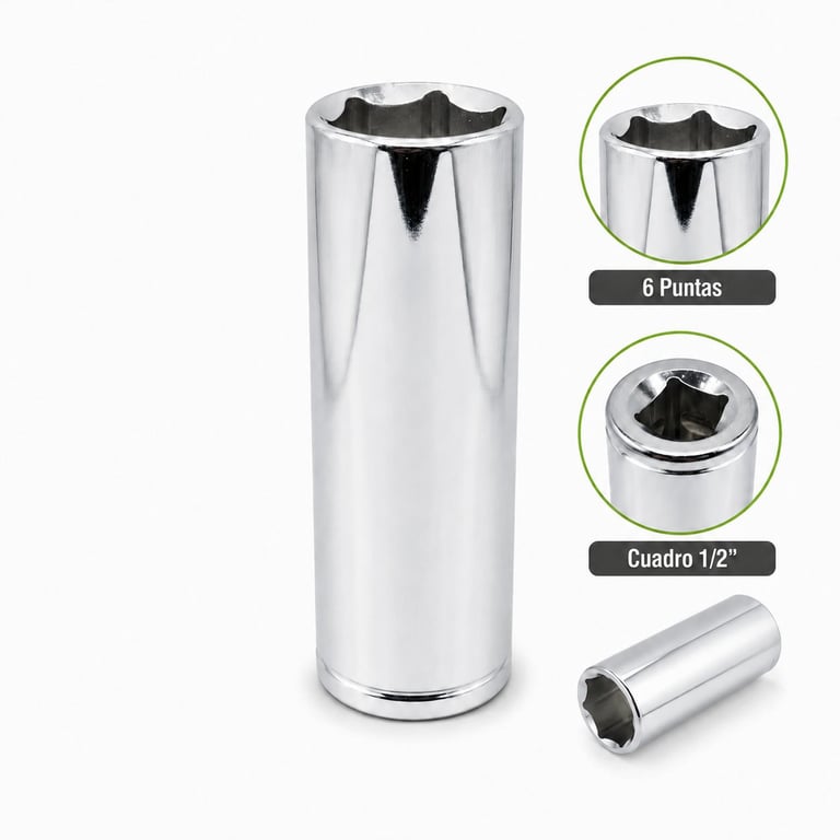 Chrome deep socket wrench with 6-point opening and 1/2-inch drive, shown with close-up detail views