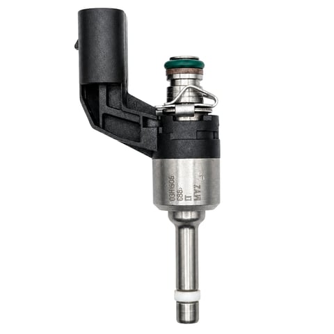 Fuel injector with black plastic mounting bracket and silver metallic body, isolated on white background