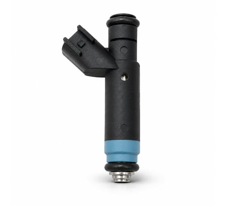 Black fuel injector with blue band and metal nozzle against white background