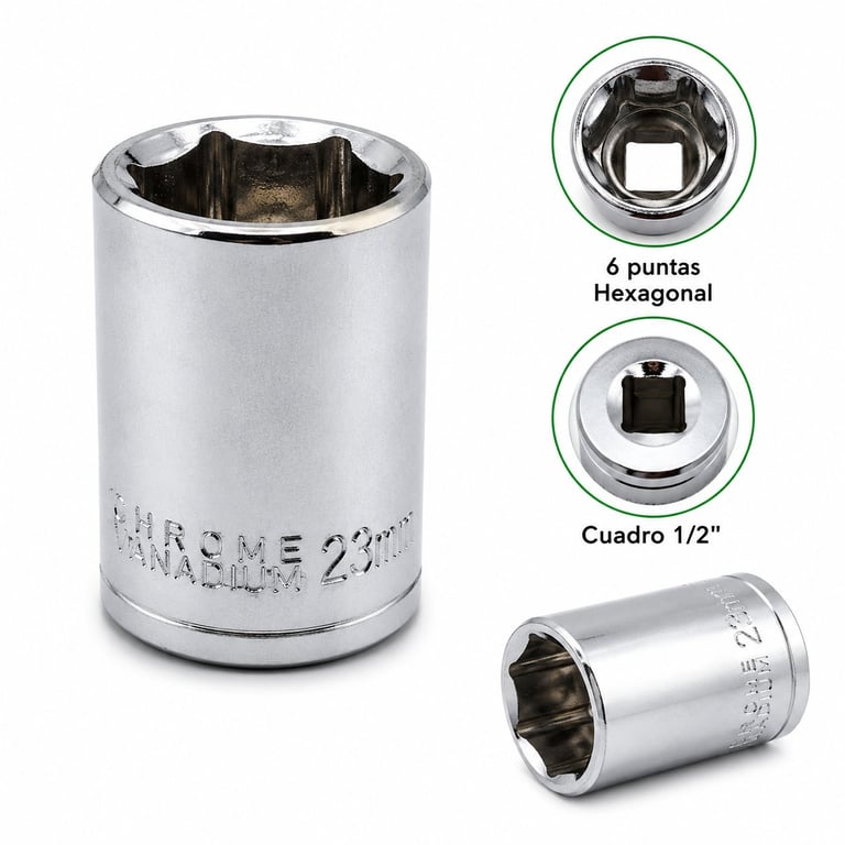 Chrome socket wrench with hexagonal and square drive options displayed, showing 23mm size with close-up detail views
