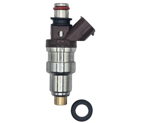 Fuel injector with black connector and rubber seal ring on white background