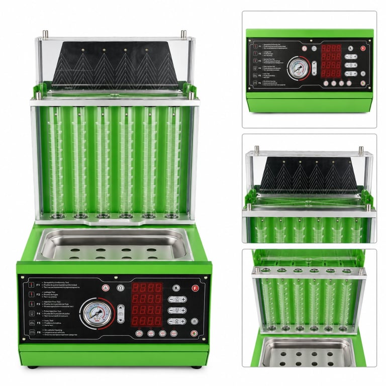 Green ultrasonic fuel injector cleaner machine shown from front view and multiple detail angles displaying controls and chamber components