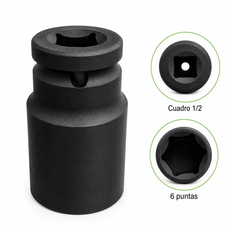 Black socket adapter with two interchangeable heads showing 1/2 inch square and 6-point hexagon drive options