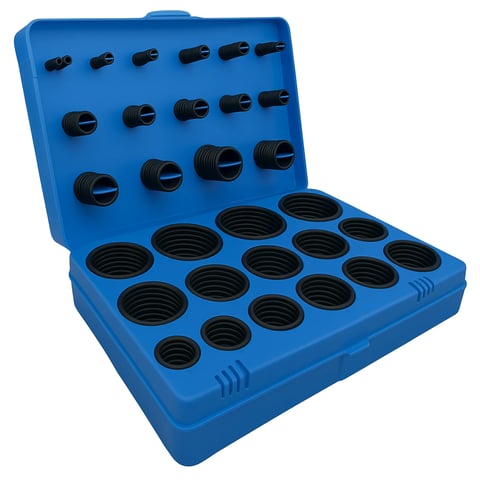 Blue plastic case containing assorted black rubber O-rings and seals organized in compartments