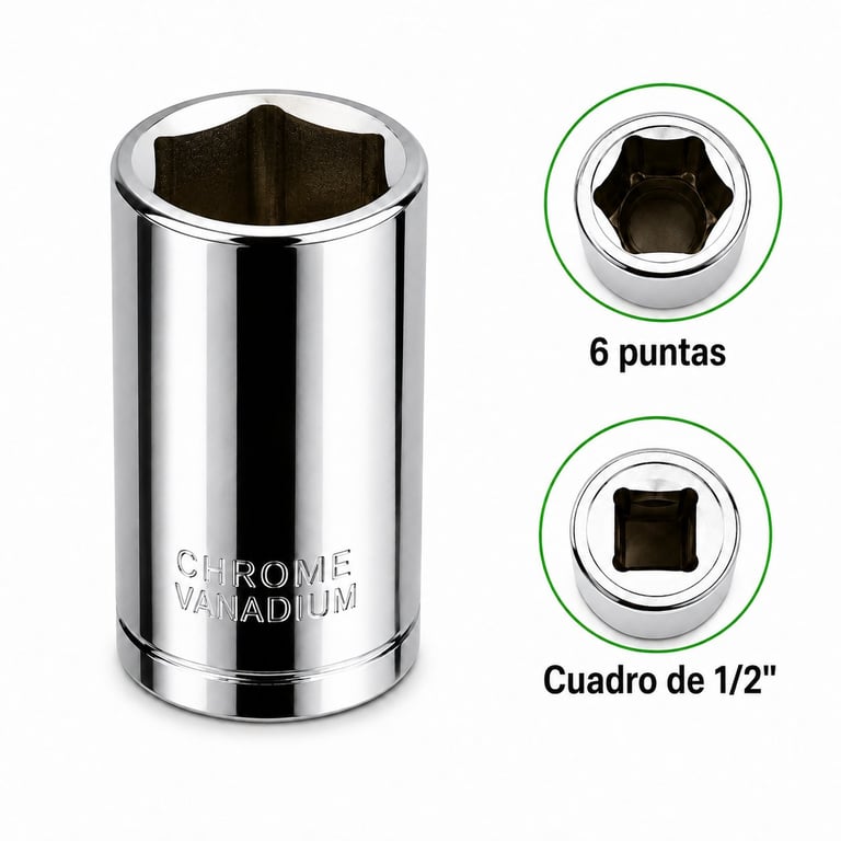 Chrome socket wrench with 6-point and square 1/2 inch drive heads shown
