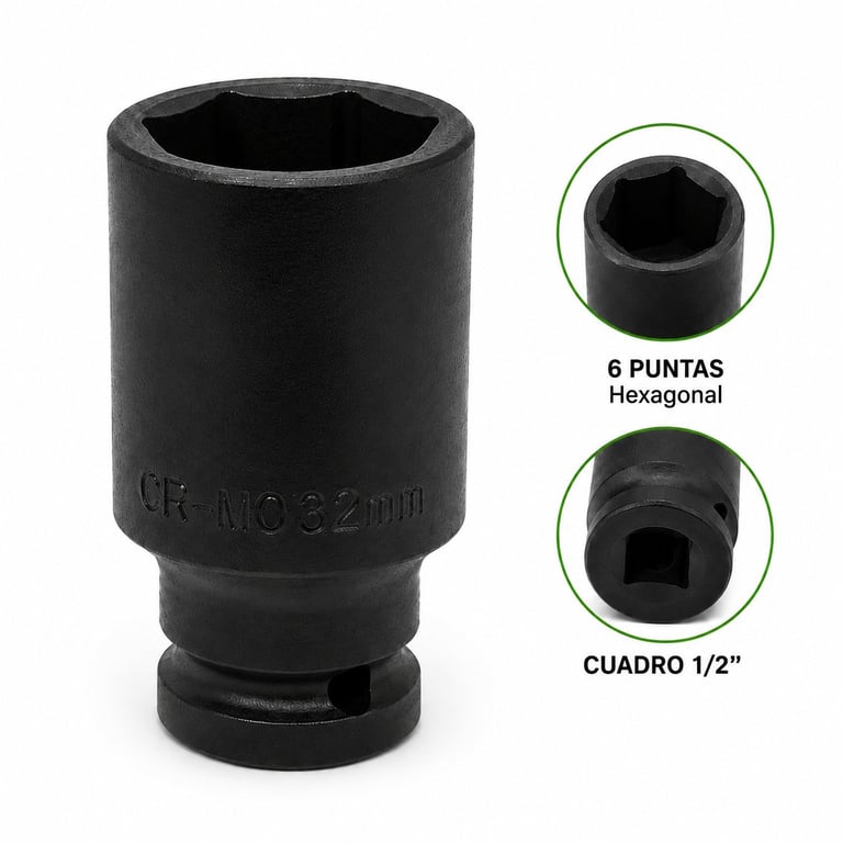 Black impact socket with hexagonal 6-point head and 1/2 inch square drive, shown with detail callouts