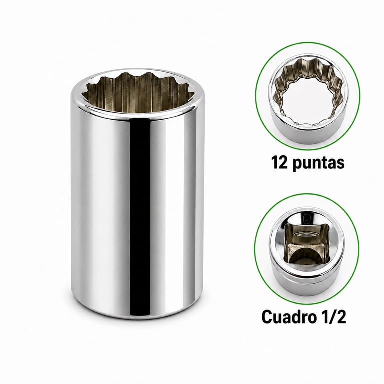 Chrome socket wrench with 12-point and 1/2 inch square drive specifications shown in detail views