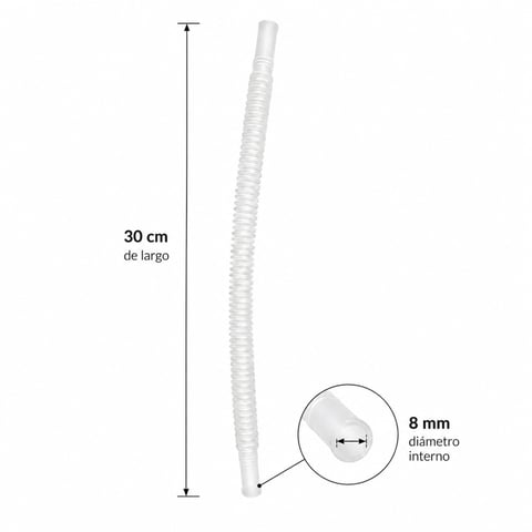 White flexible plastic tubing with 30 cm length and 8 mm internal diameter, showing measurement scale and close-up detail