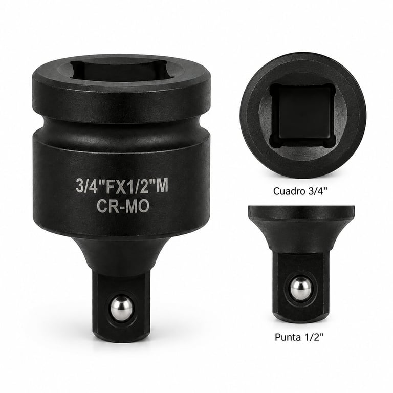 Black CR-MO impact socket set showing 3/4 inch socket with square drive, square bit adapter, and 1/2 inch bit holder