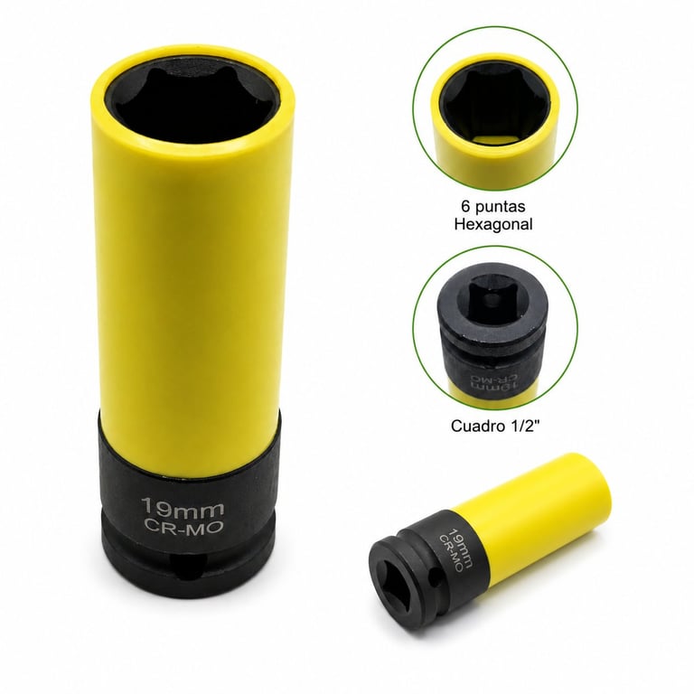Yellow and black 19mm CR-MO impact socket with hexagonal design shown from multiple angles and closeup views
