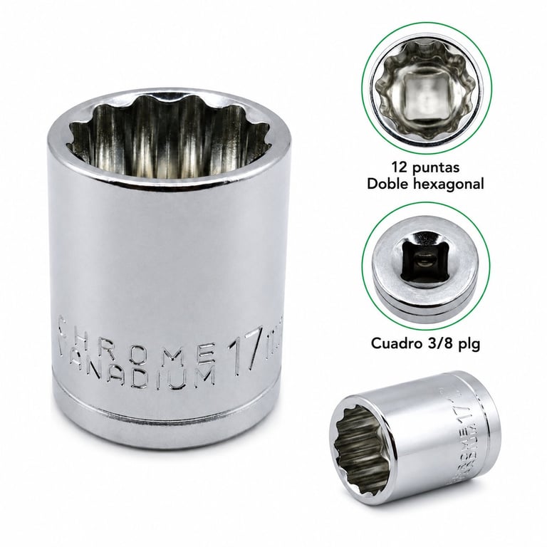 Chrome socket wrench with 12-point double hexagonal drive and 3/8 inch square drive, shown with detail views of the socket head and drive configurations