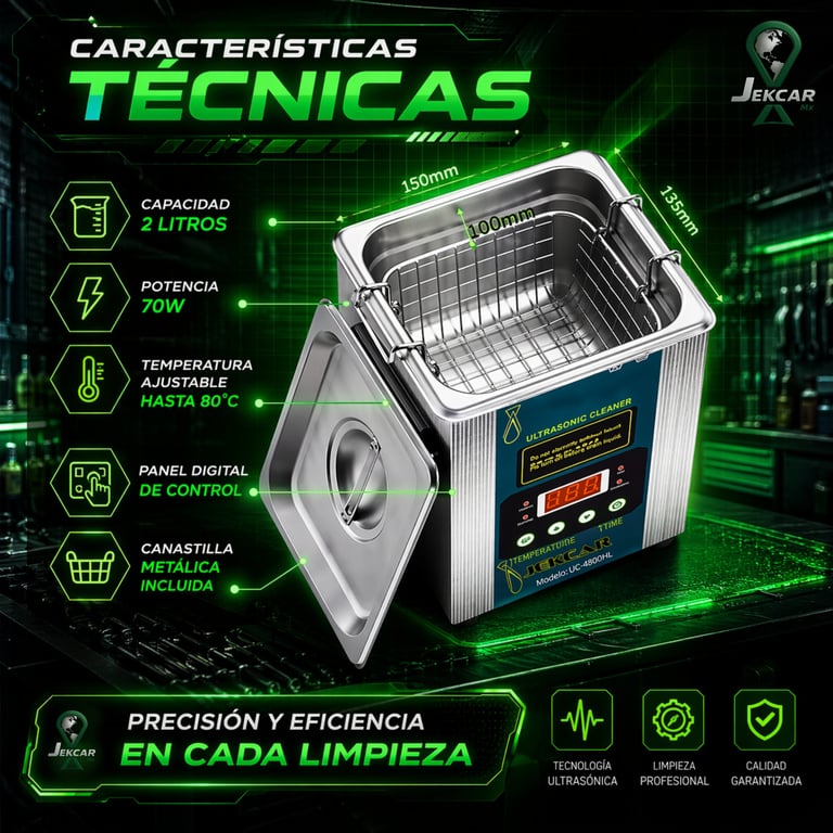 Ultrasonic cleaner with technical specifications showing 2L capacity, 70W power, up to 80C temperature, and digital control panel with metallic basket included