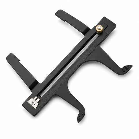 Black metal archery arrow rest with adjustable arm and brass rest button on white background