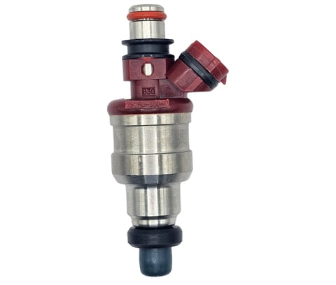Fuel injector with burgundy top cap, stainless steel body, and black rubber base isolated on white background