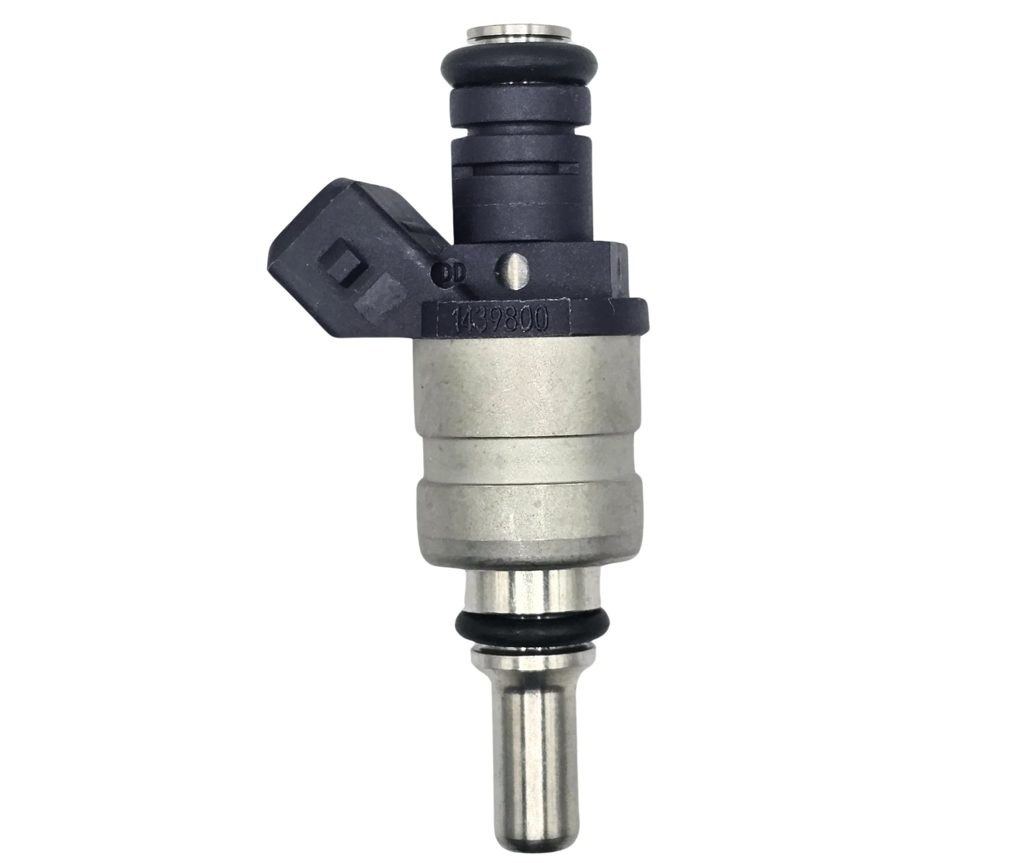 Metal fuel injector with black connector and silver cylindrical body on white background