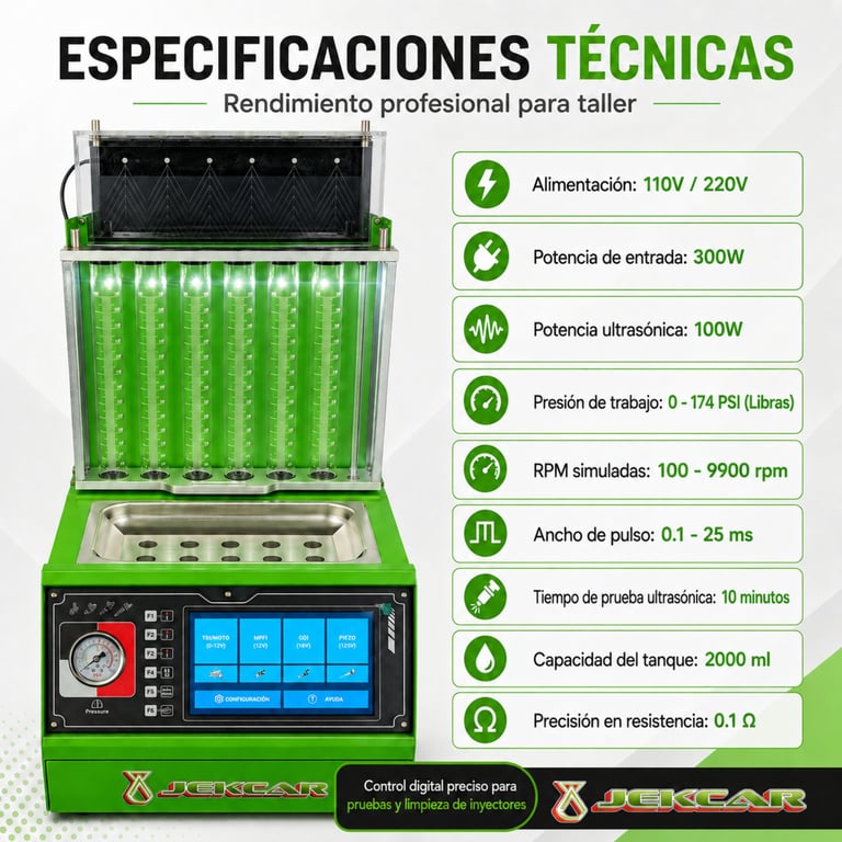 Green fuel injector cleaning machine with technical specifications displayed, showing power requirements, ultrasonic frequency, and tank capacity details.