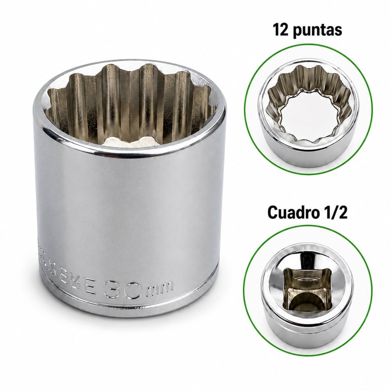 Silver socket wrench with 12-point design and 1/2 inch square drive, showing front view and close-up detail circles