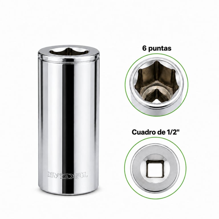 Chrome socket wrench with 6-point head and 1/2-inch square drive, shown with detailed socket end views