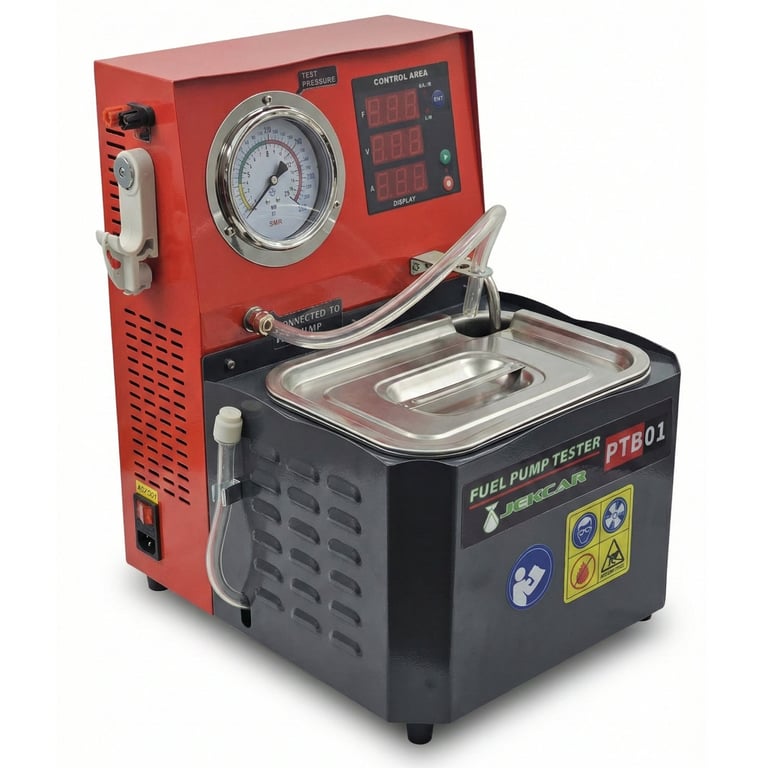 Red and black fuel pump tester machine with pressure gauge and digital display controls