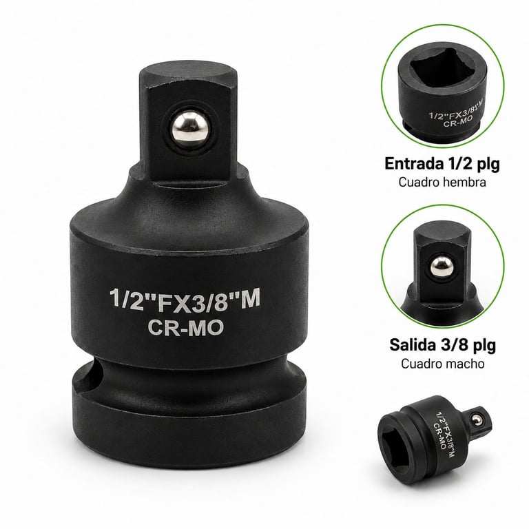 Black socket adapter with 1/2 inch female inlet and 3/8 inch male outlet, shown with detail callouts of connection ports