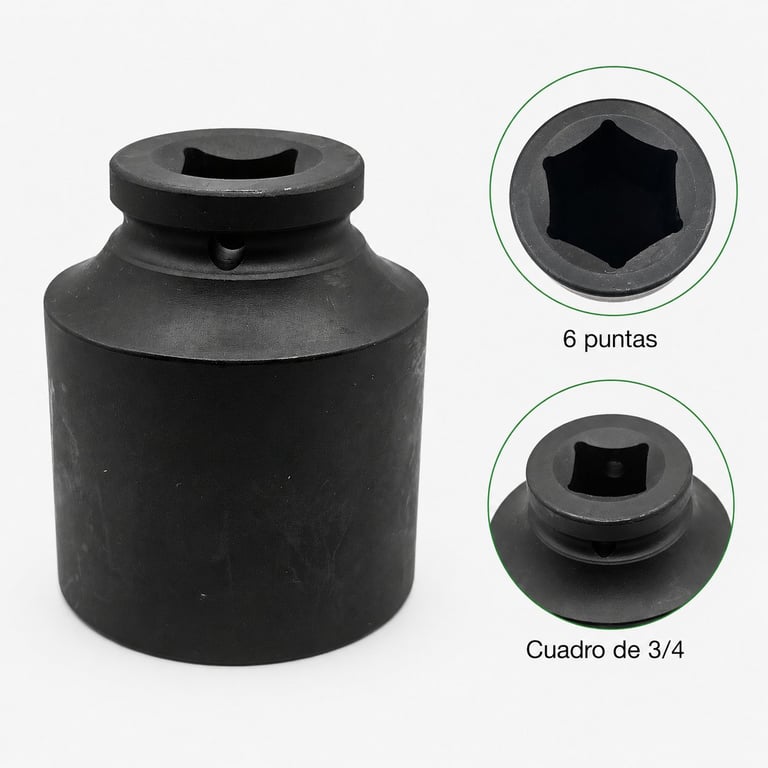 Black impact socket with 6-point hexagonal head and 3/4 square drive, shown with close-up detail views