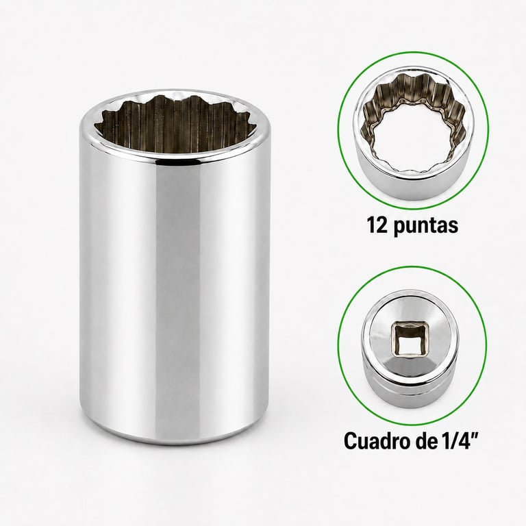 Chrome socket wrench with 12-point design and 1/4-inch square drive, shown with close-up detail views