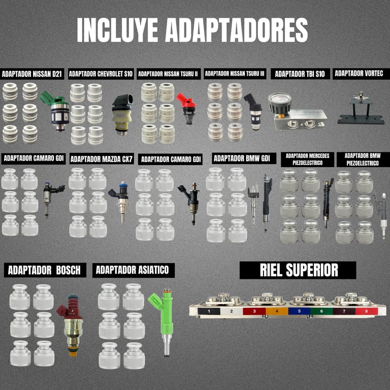 Display chart showing various fuel injector adapters organized by brand including Nissan, Chevrolet, Toyota, Honda, Mitsubishi, Bosch, and Asiatico, with a riel superior injector at bottom.