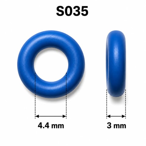 Blue rubber ring S035 shown from top and side views with 4.4 mm and 3 mm dimension measurements
