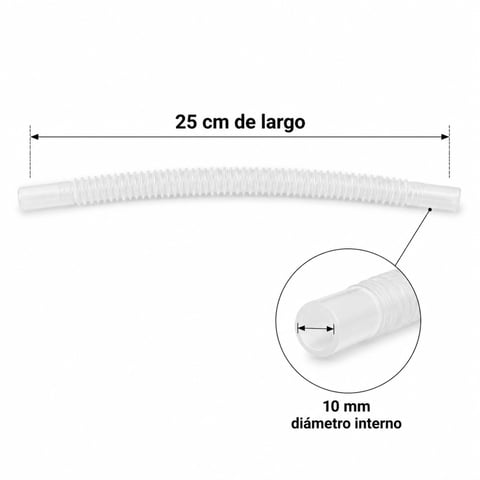 Flexible plastic tubing measuring 25 cm long with 10 mm internal diameter, shown with measurement indicators and detail view.