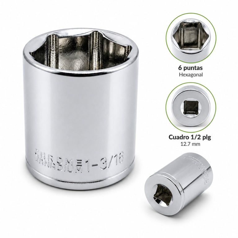 Chrome socket wrench with 6-point hexagonal opening and 1/2 inch drive, shown with detailed spec diagrams