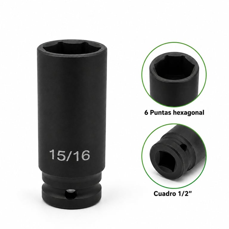 Black deep socket wrench with 15/16 size marked, showing hexagonal design and 1/2 inch drive connection.