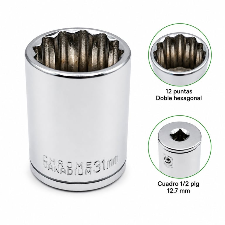 Chrome socket wrench with 12-point double hexagonal drive and 1/2 inch square drive, shown with close-up detail views of the socket head and drive configuration.