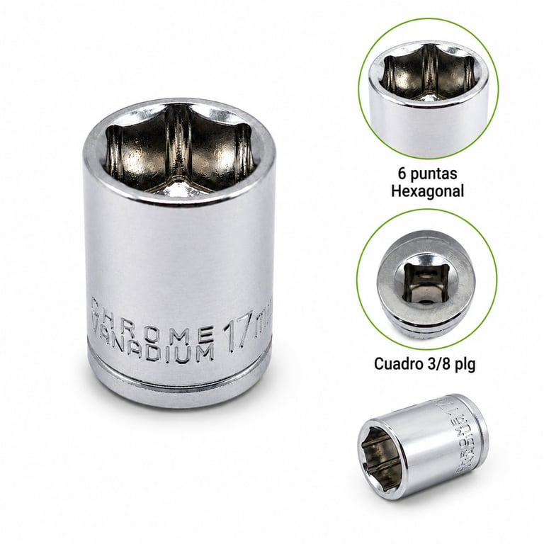 Chrome socket wrench with hexagonal head shown from multiple angles displaying 6-point hexagonal and 3/8 square drive fittings