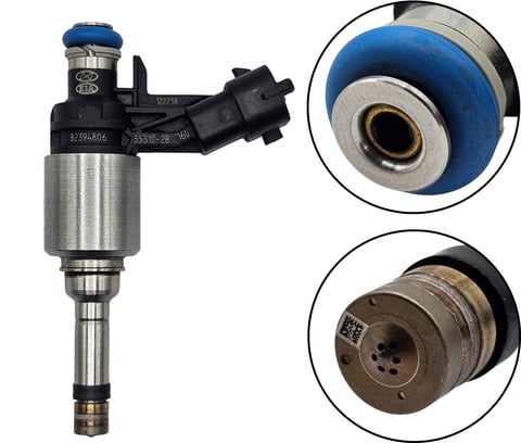 Fuel injector with blue cap shown alongside close-up views of internal spray pattern and nozzle components